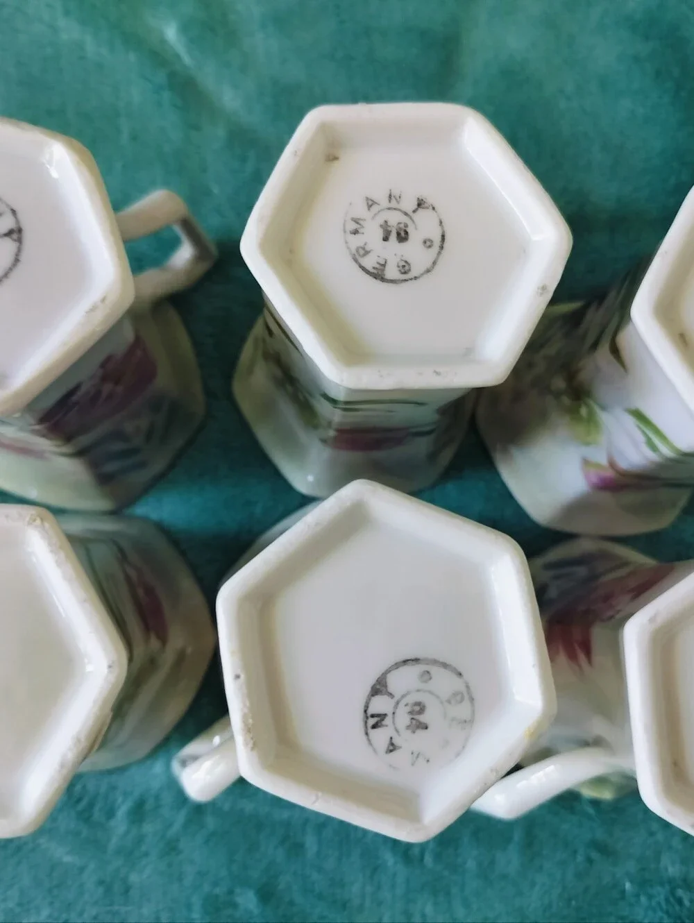 Antique German Porcelain Chocolate Pot Set 6 Cups Tulips Art Nouveau C. 1890s